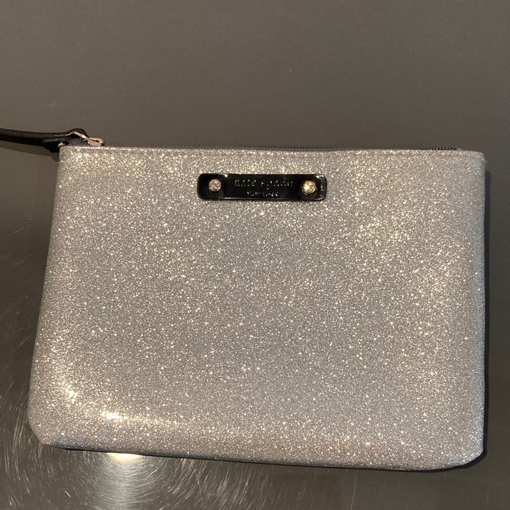 Kate Spade PU Smooth Silver Glitter Pouch 6.5x5 inches